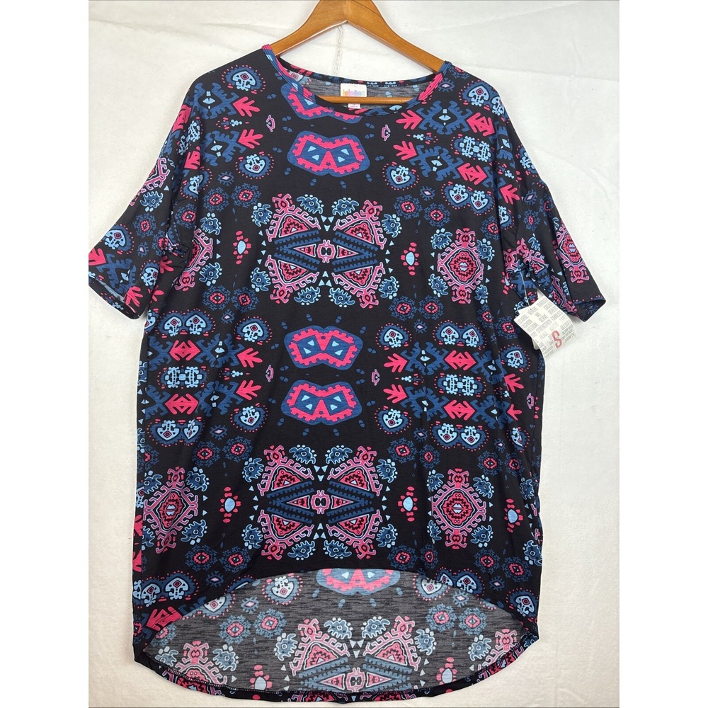 NWT LuLaRoe Irma Tunic S Navy Hot Pink Blue Geometric Pattern Short Slv HiLo Hem